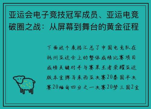 亚运会电子竞技冠军成员、亚运电竞破圈之战：从屏幕到舞台的黄金征程
